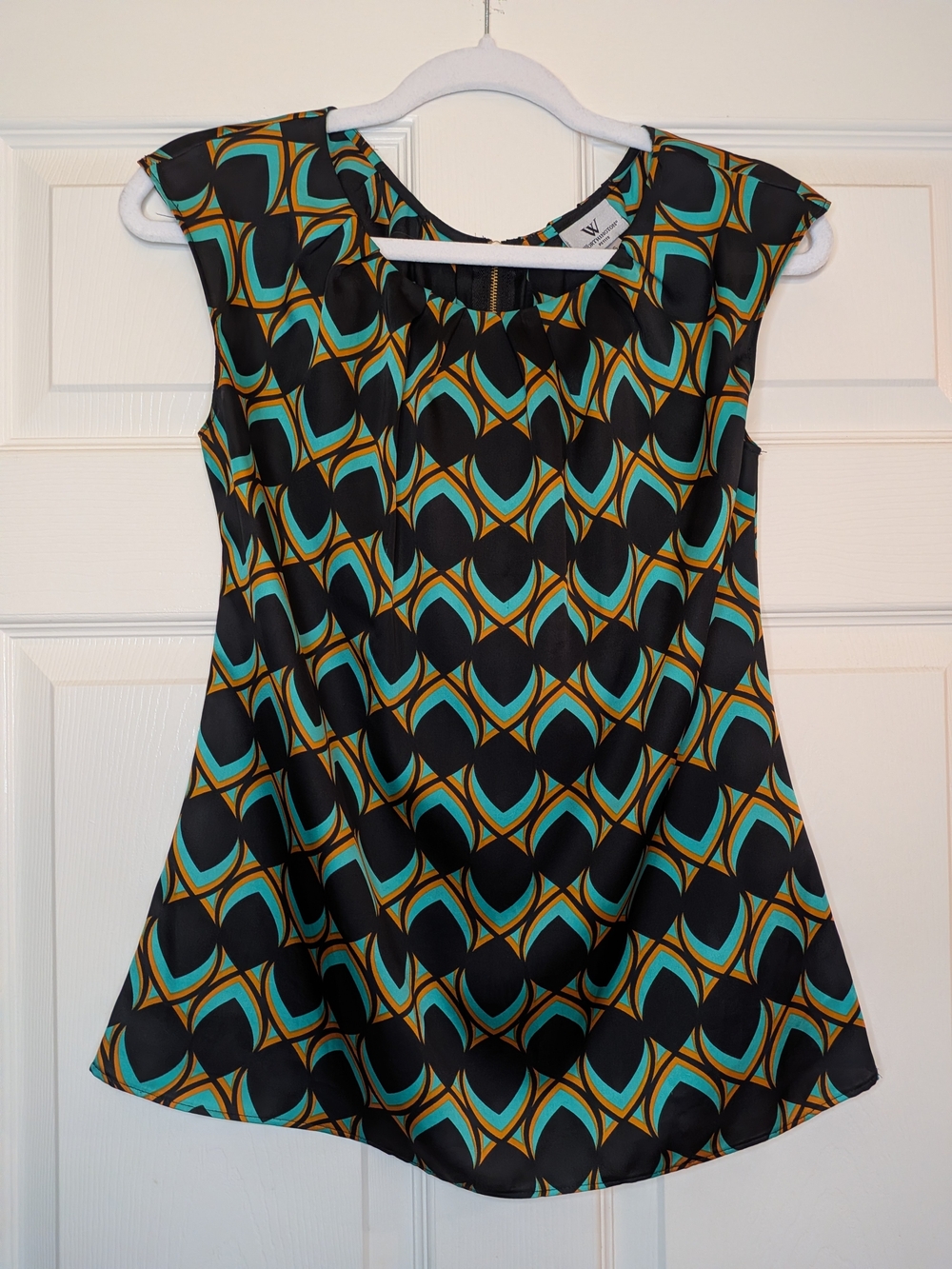 Worthington Petite Geometric Print Satin Back Zip Blouse PS
